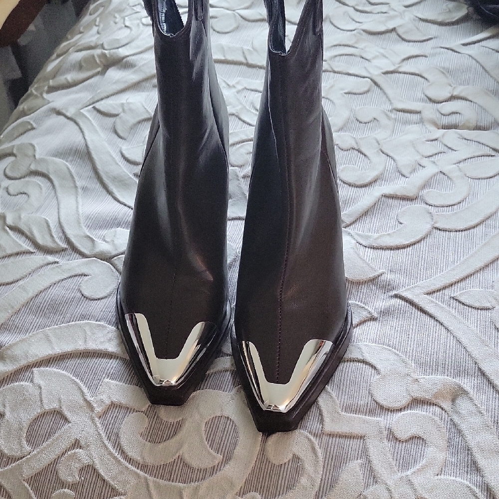 Silver and Brown Ankle Boots with Metallic Toe Cap